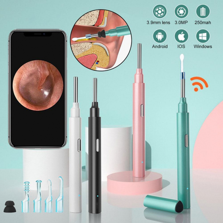 Öronrengörare med WiFi-kamera och munstycken, Vit