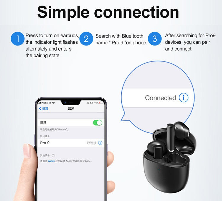 Pro 9 TW In-Ear hörlurar med touchkontroll, Svart