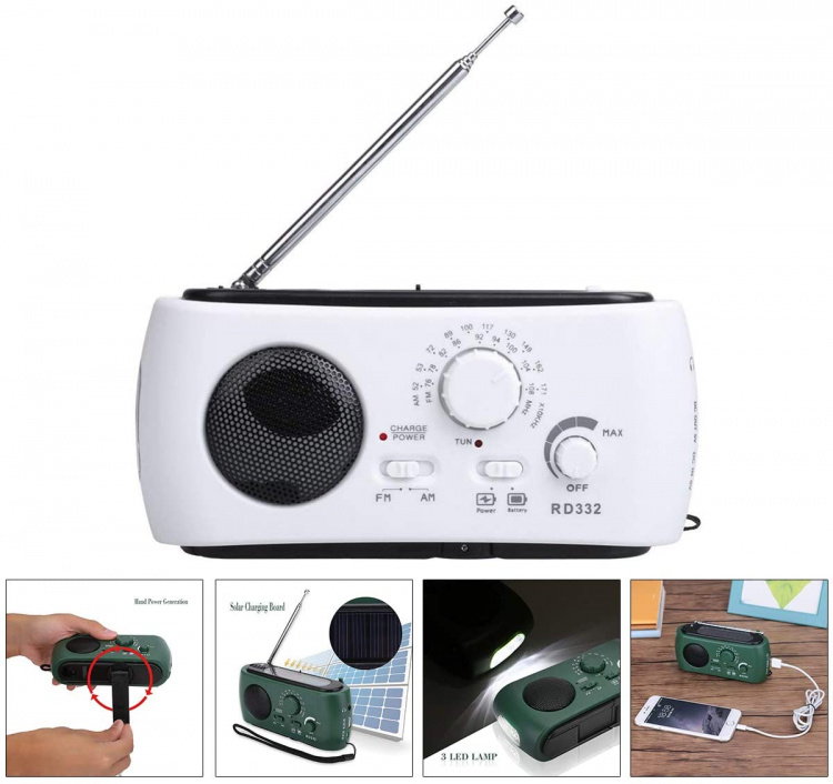 Vevradio / Nödradio med LED-lampa - FM-radio, USB, Solcell, Dynamo, Vit
