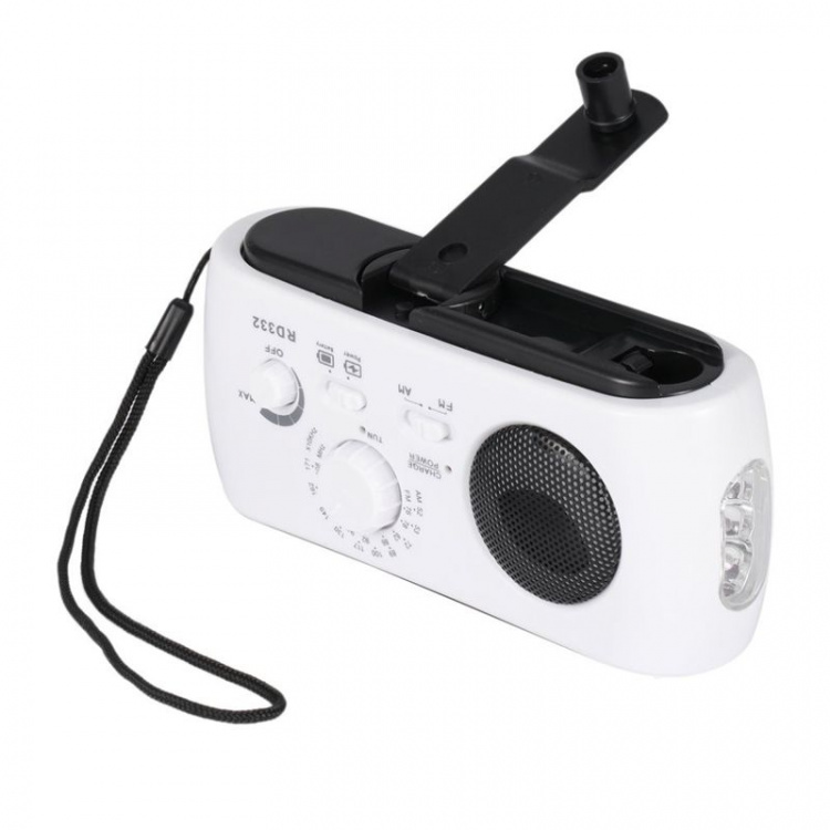 Vevradio / Nödradio med LED-lampa - FM-radio, USB, Solcell, Dynamo, Vit