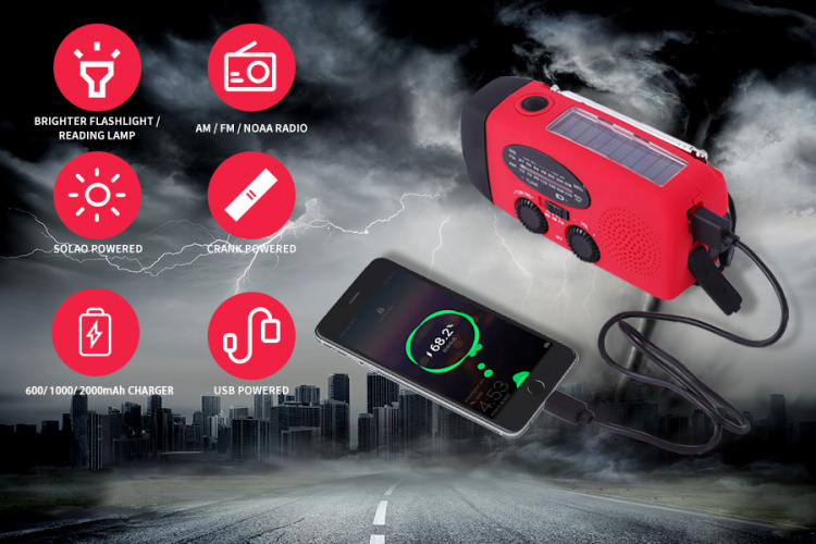 Vevradio / Nödradio med LED-lampa - FM-radio, Solcell, USB, Röd Vevradio / Nödradio med LED-lampa - FM-radio, Solcell, USB, Röd