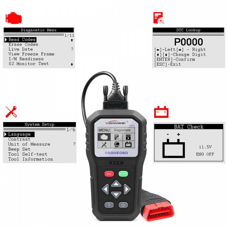 Konnwei KW818 OBD2 Felkodsläsare för alla bilar, 12V Konnwei KW818 OBD2 Felkodsläsare för alla bilar, 12V