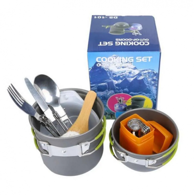 Camping set med spis, gryta och kopp kombination