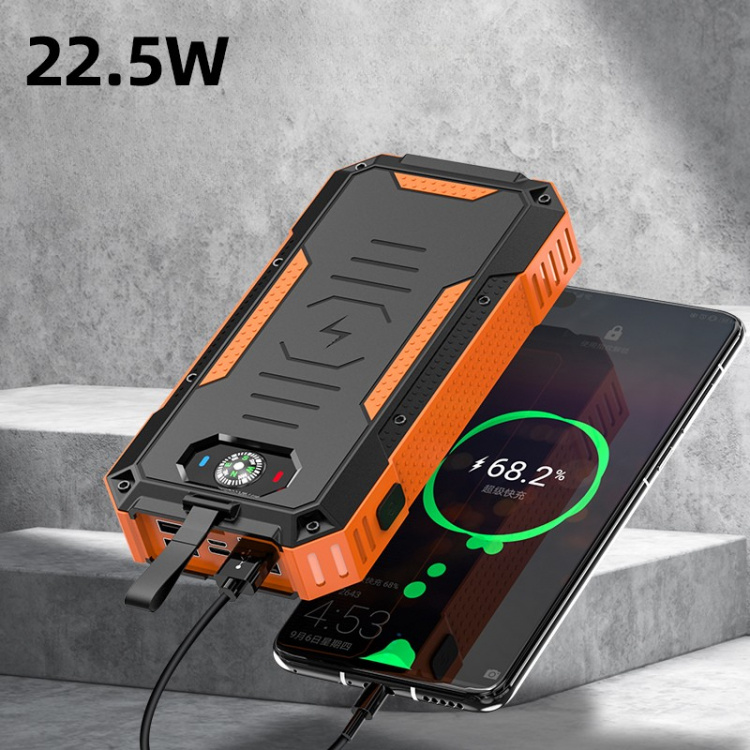 Powerbank 30000mAh 22.5W PD+15W Trådlös laddning, Solcell, Ficklampa och kompass