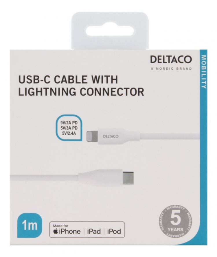 DELTACO USB-C till Lightning kabel, 1m, 9V/2A 5V/3A PD, 5V/2,4A, vit