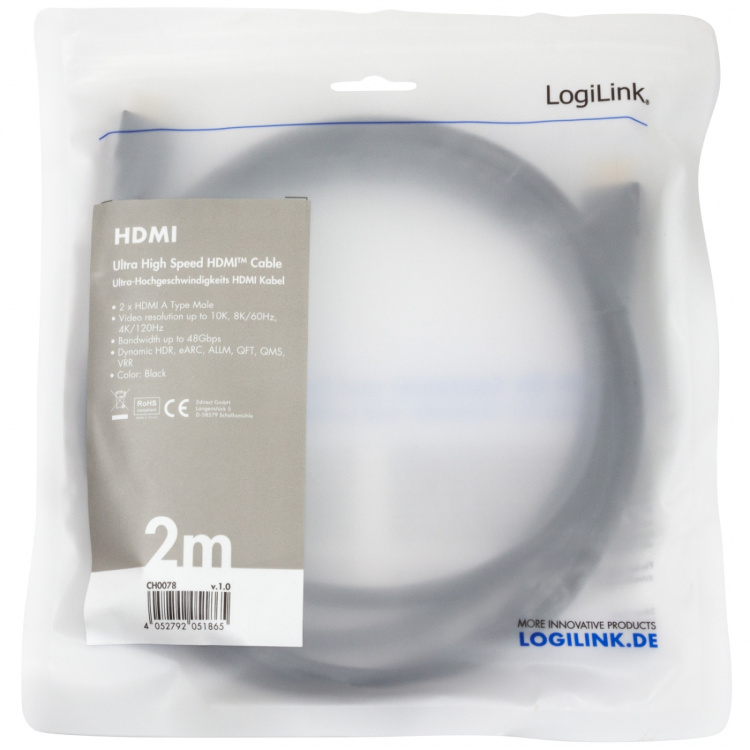 LogiLink HDMI-kabel HDMI 2.1 8K/60Hz 4K/120Hz 2m Svart
