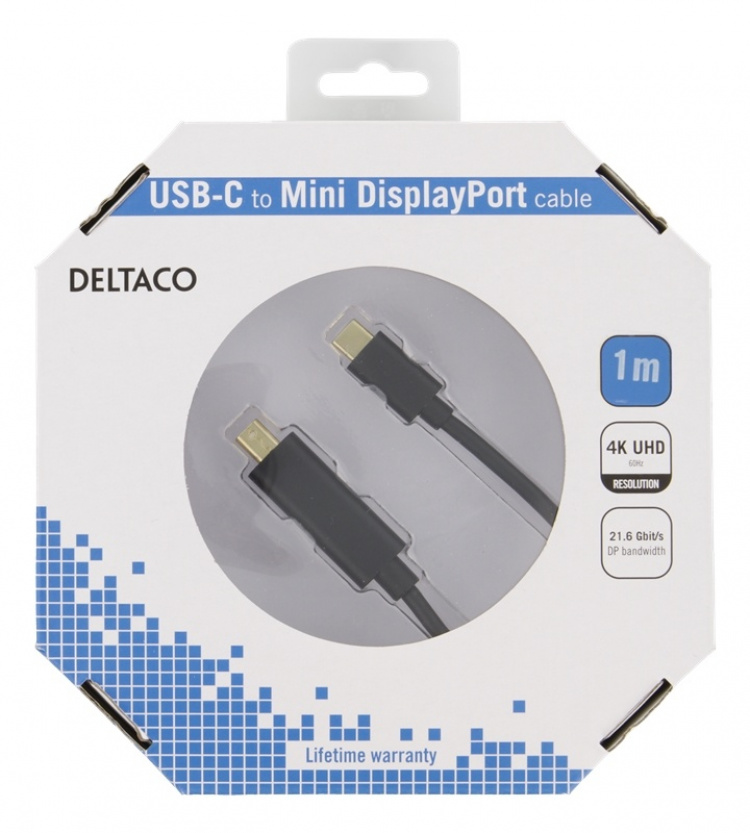 DELTACO USB-C - MiniDP kabel, 1m, 21,6 Gbit/s, 3840x2160 60Hz, svart