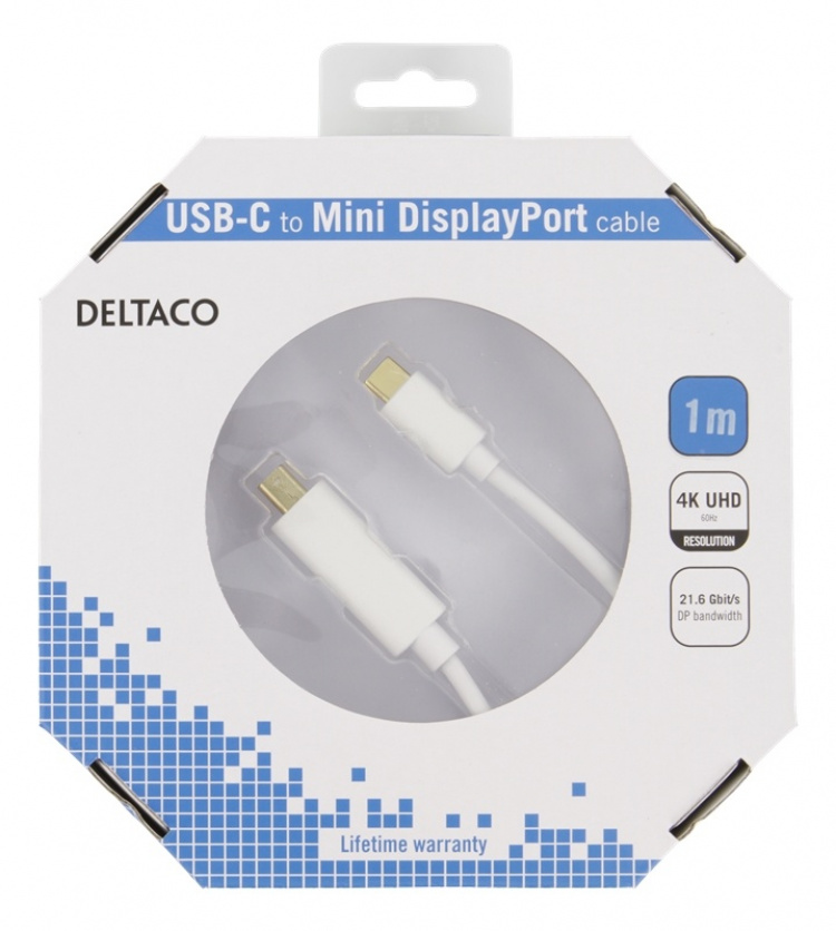 DELTACO USB-C - MiniDP kabel, 1m, 21,6 Gbit/s, 3840x2160 60Hz, vit