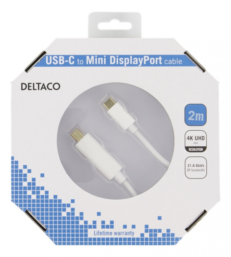 DELTACO USB-C - MiniDP kabel, 2m, 21,6 Gbit/s, 3840x2160 60Hz, vit