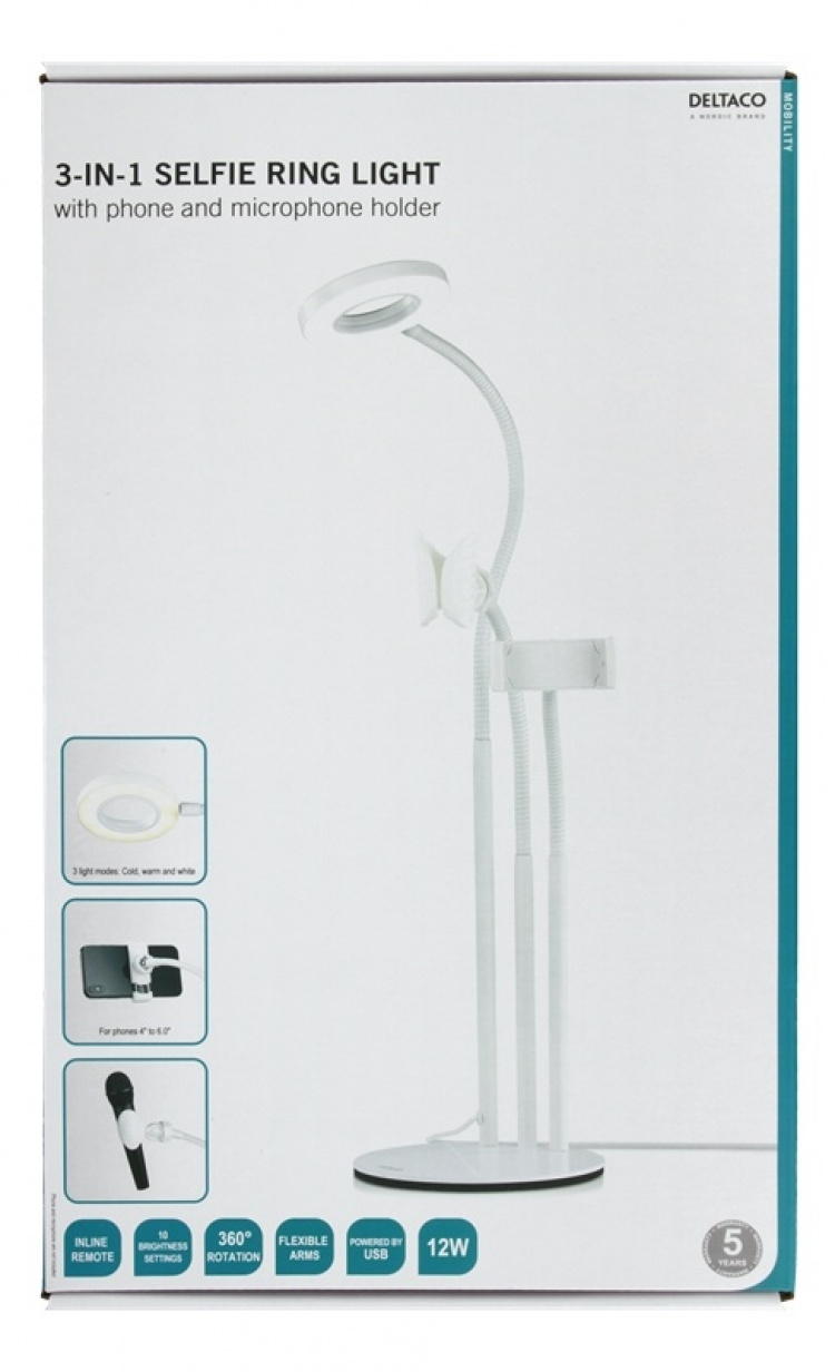 DELTACO 3-IN-1 Selfie Ring Lampa med smartphone och mikrofonhållare, v DELTACO 3-IN-1 Selfie Ring Lampa med smartphone och mikrofonhållare, v