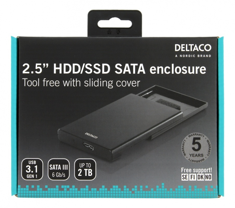 DELTACO Externt hårdiskkabinett, USB 3.0, skutbar lucka, 2,5