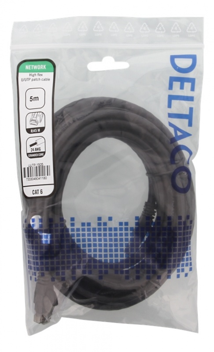 DELTACO U/UTP High Flex Cat6 patchkabel, 5m, flertrådig, 24AWG, svart DELTACO U/UTP High Flex Cat6 patchkabel, 5m, flertrådig, 24AWG, svart