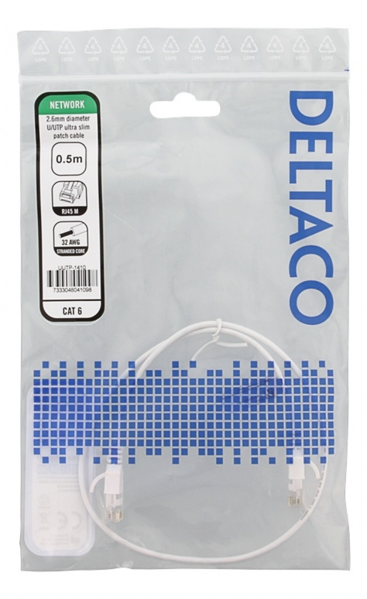DELTACO Ultra Slim U/UTP Cat.6 patchkabel, 2.6mm, 0,5m, vit DELTACO Ultra Slim U/UTP Cat.6 patchkabel, 2.6mm, 0,5m, vit
