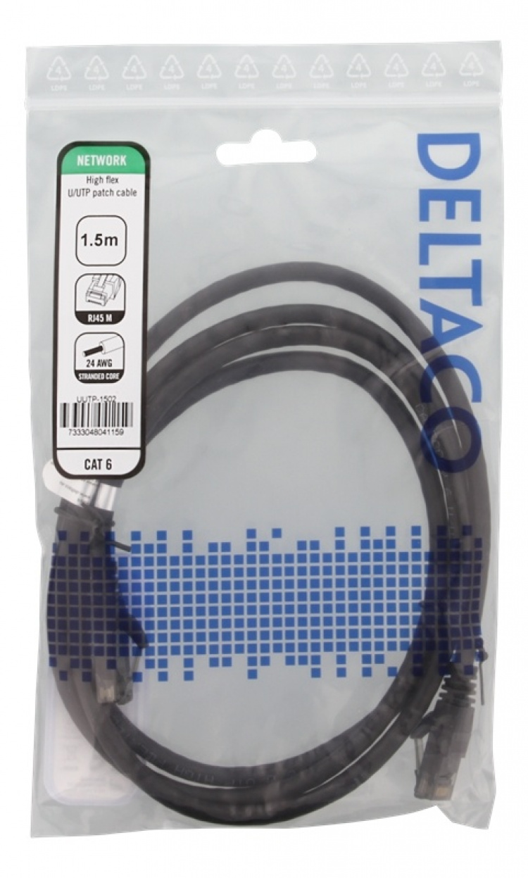 DELTACO U/UTP High Flex Cat6 patchkabel, 1,5m, flertrådig, 24AWG, svar