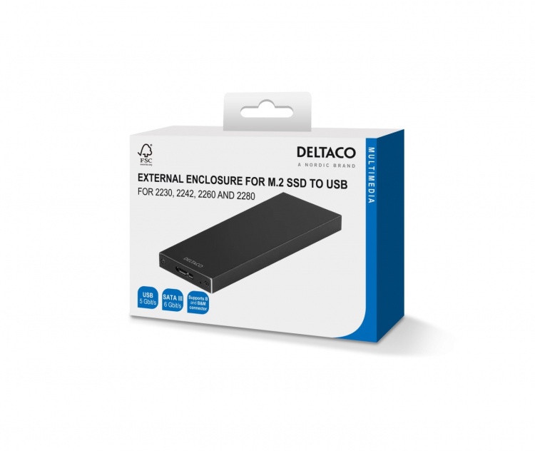 DELTACO Externt M.2 kabinett, USB 3.0, 5 Gbps, Black