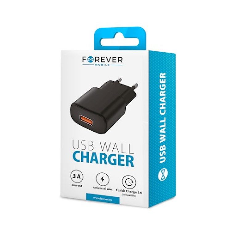 Forever TC-01 Snabbladdare 3.0 USB 3A 18W, Svart Forever TC-01 Snabbladdare 3.0 USB 3A 18W, Svart