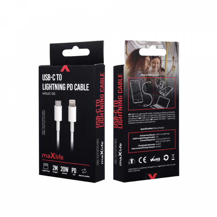 Maxlife MXUC-05 Power Direct USB-C till Lightningkabel 2,0 m 20W, Vit Maxlife MXUC-05 Power Direct USB-C till Lightningkabel 2,0 m 20W, Vit