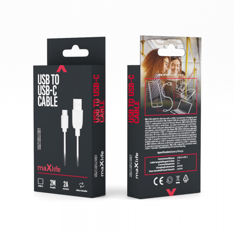 Maxlife kabel USB - USB-C 2,0 m 2A, Vit Maxlife kabel USB - USB-C 2,0 m 2A, Vit