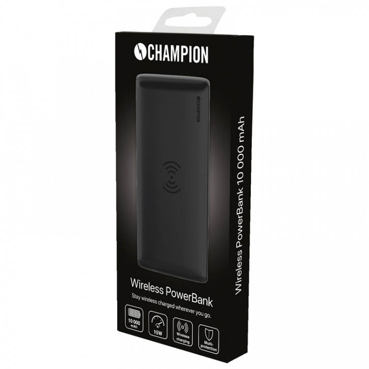 Champion PowerBank 10.000 mAh 12W + Wireless Charging Svart Champion PowerBank 10.000 mAh 12W + Wireless Charging Svart