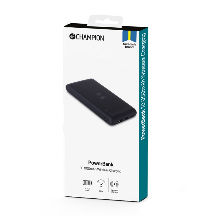 Champion PowerBank 10.000 mAh 12W + Wireless Charging Svart Champion PowerBank 10.000 mAh 12W + Wireless Charging Svart