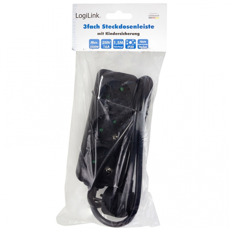 LogiLink Grenuttag Jordat 3vägs 1,5m Svart LogiLink Grenuttag Jordat 3vägs 1,5m Svart