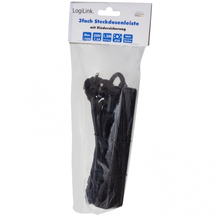 LogiLink Grenuttag Slim Euro 3vägs 1,5m Svart LogiLink Grenuttag Slim Euro 3vägs 1,5m Svart
