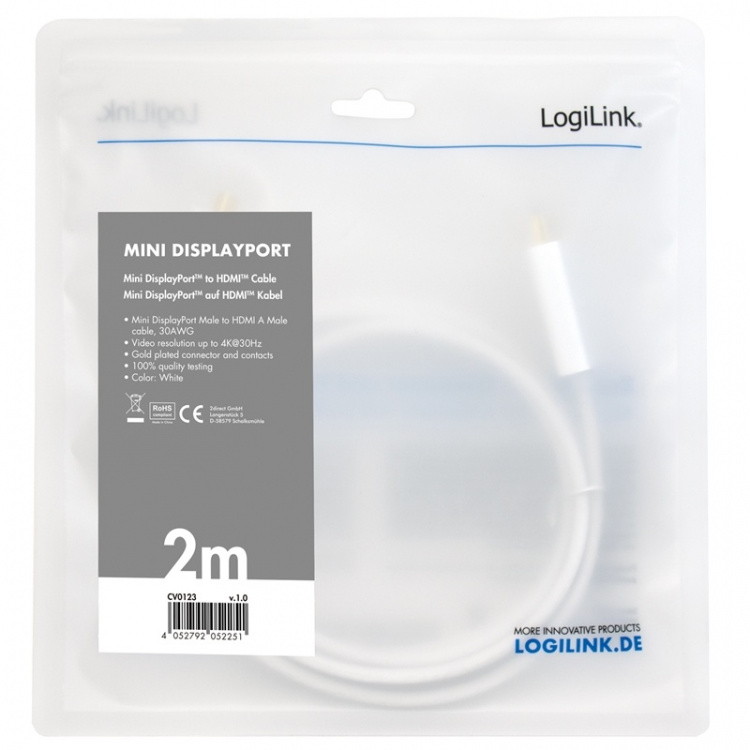 LogiLink Mini DisplayPort 1.2 -> HDMI 4K 30 Hz 2m Vit LogiLink Mini DisplayPort 1.2 -> HDMI 4K 30 Hz 2m Vit