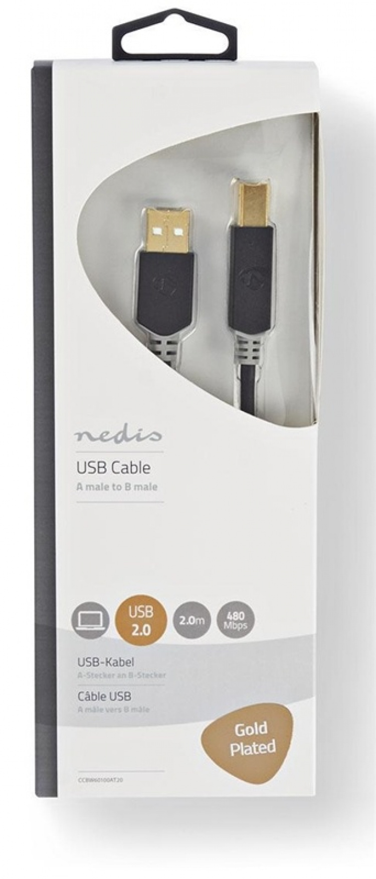 Nedis USB-kabel | USB 2.0 | USB-A Hane | USB-B Hane | 480 Mbps | Guldplaterad | 2.00 m | Rund | PVC | Antracit | Låda