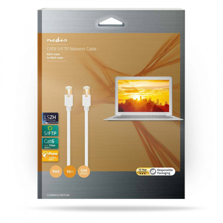 Nedis CAT6 Nätverkskabel | RJ45 hane | RJ45 hane | S/FTP | 10.0 m | Rund | LSZH / PVC | Vit | Kartong med fönster Nedis CAT6 Nätverkskabel | RJ45 hane | RJ45 hane | S/FTP | 10.0 m | Rund | LSZH / PVC | Vit | Kartong med fönster