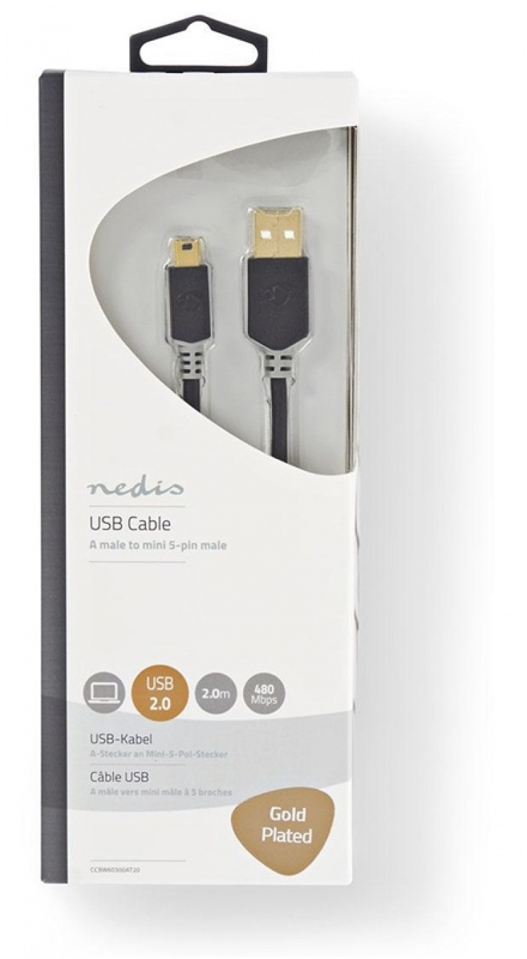 Nedis USB-kabel | USB 2.0 | USB-A Hane | USB Mini-B 5 pin Hane | 480 Mbps | Guldplaterad | 2.00 m | Rund | PVC | Antracit | Kartong med fönster Nedis USB-kabel | USB 2.0 | USB-A Hane | USB Mini-B 5 pin Hane | 480 Mbps | Guldplaterad | 2.00 m | Rund | PVC | Antracit | Kartong med fönster