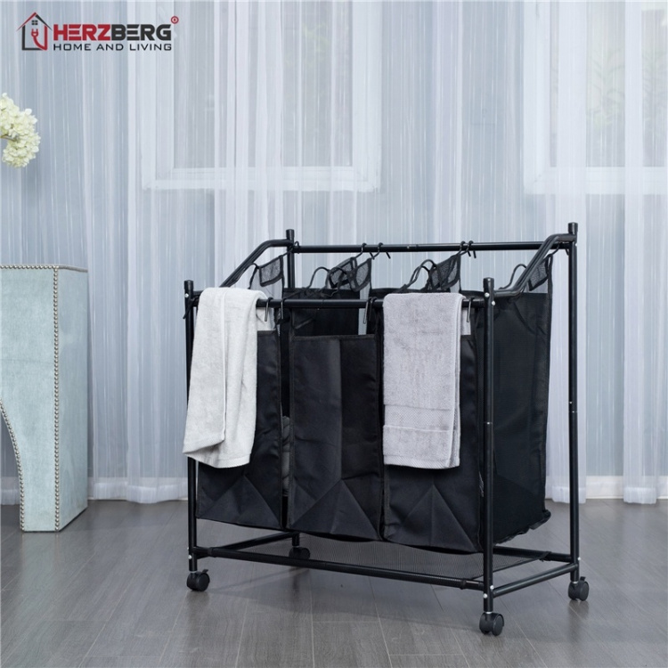 Herzberg Rullande tvättkorg med olika fack, Svart