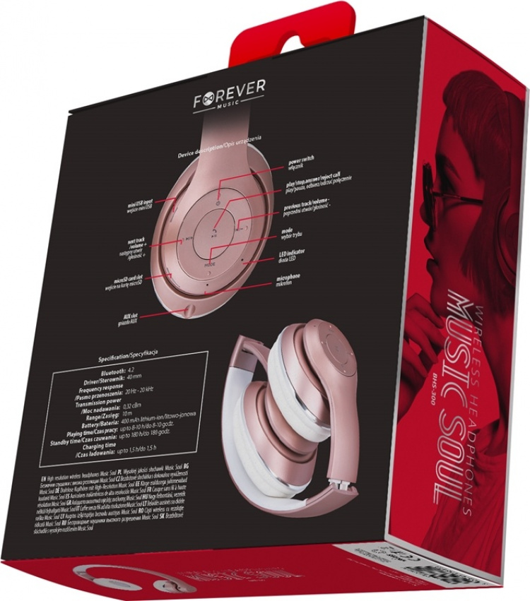 Forever Music Soul BHS-300, trådlösa hörlurar, rosa,