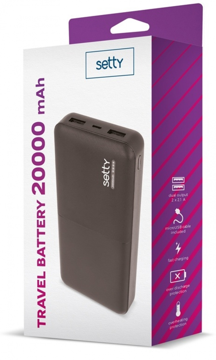 Setty powerbank med 20 000mAh & dubbla USB-portar, svart
