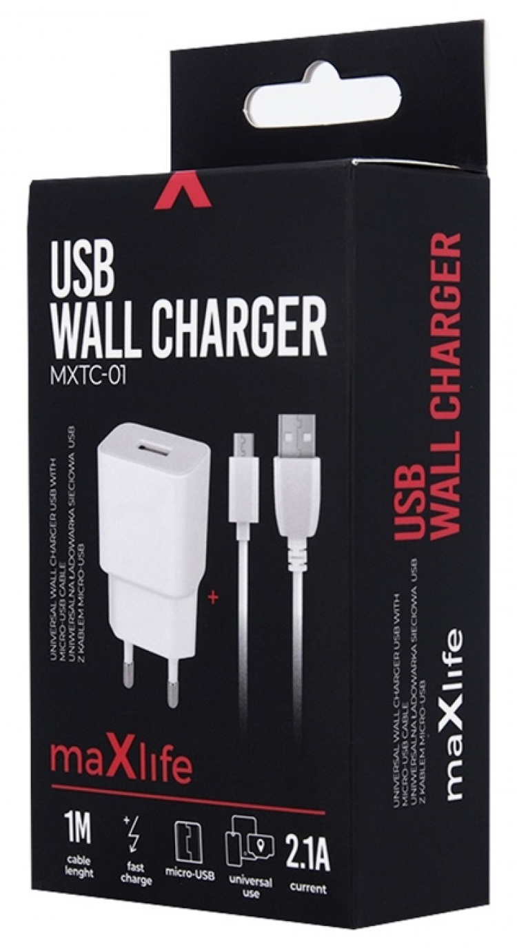Maxlife USB-snabbladdare + microUSB-kabel, MXTC-01, fast charge, vit (2,1A) Maxlife USB-snabbladdare + microUSB-kabel, MXTC-01, fast charge, vit (2,1A)