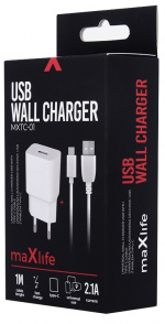 Maxlife USB-snabbladdare + USB-C kabel, vit (2,1A)
