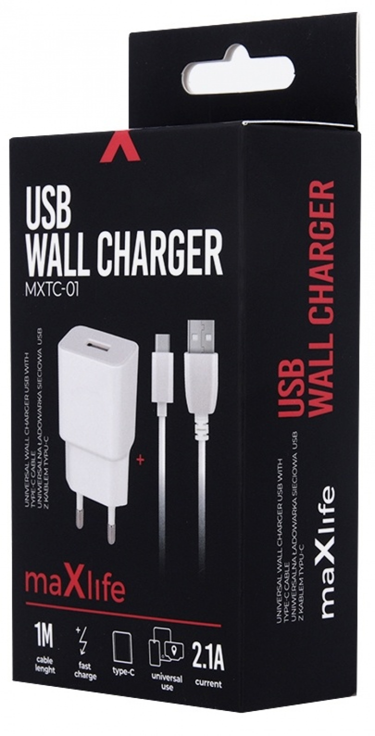 Maxlife USB-snabbladdare + USB-C kabel, vit (2,1A)