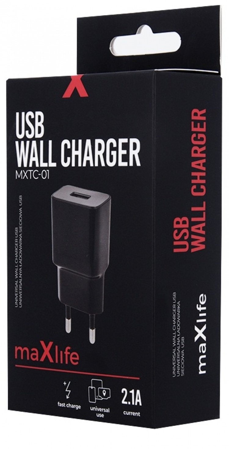 Maxlife USB-snabbladdare MXTC-01, med fast Charge, 2,1A, svart