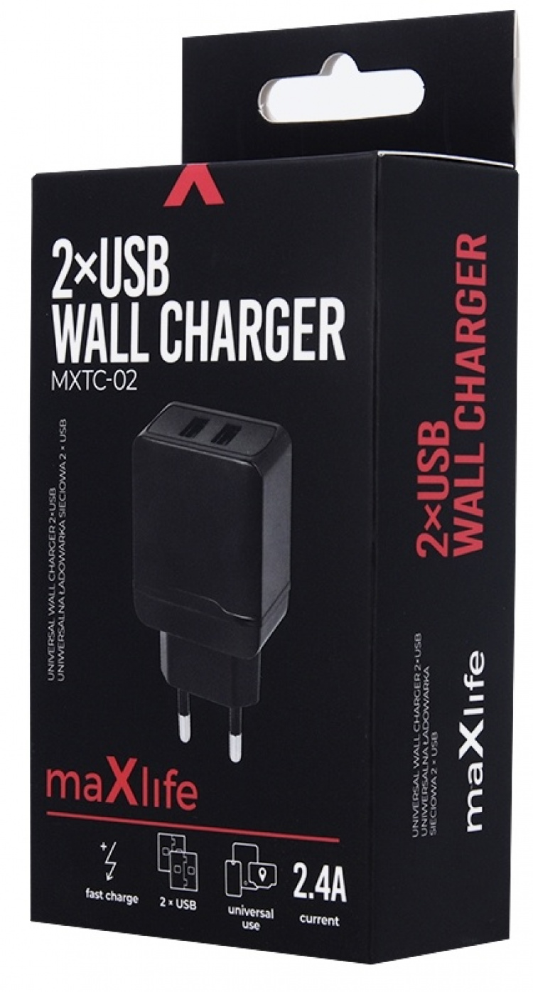 Maxlife USB-snabbladdare, MXTC-02, 2xUSB, fast charge, svart (2,4 A)