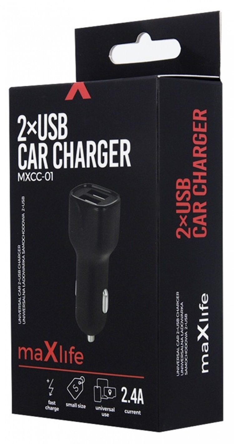 Billaddare Maxlife MXCC-01 2xUSB Fast Charge (2.4A), Svart