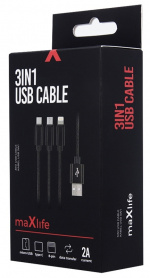 3i1 USB-kabel för snabbladdning - microUSB/USB-C/Lightning (2.1A), Svart