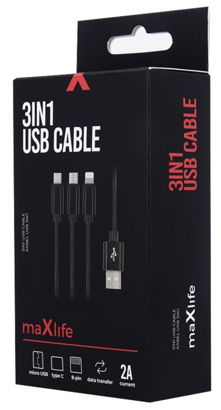 3i1 USB-kabel för snabbladdning - microUSB/USB-C/Lightning (2.1A), Svart