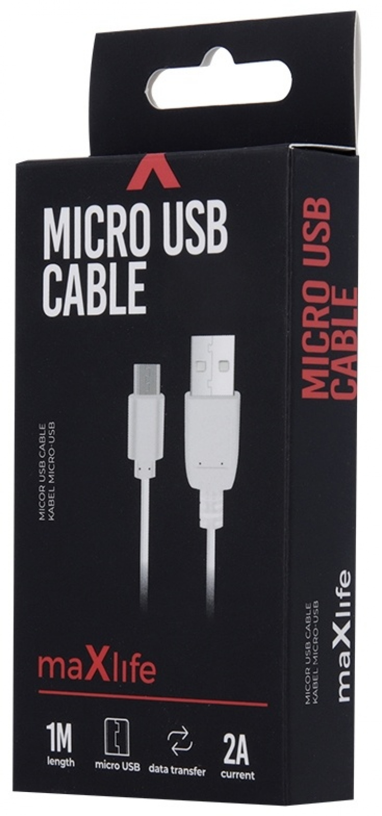 Maxlife microUSB laddkabel för snabbladdning, 2A, 1m, vit