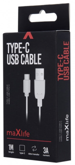 Maxlife USB-C laddkabel för snabbladdning (3A), 1m, vit