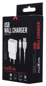 Maxlife väggladdare med USB-utgång, inklusive USB-C kabel, 1A, vit Maxlife väggladdare med USB-utgång, inklusive USB-C kabel, 1A, vit