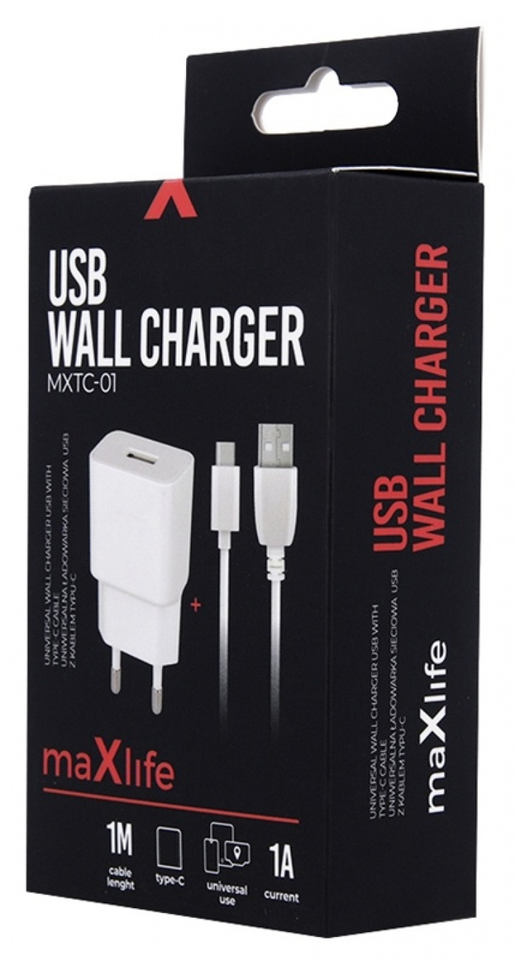 Maxlife väggladdare med USB-utgång, inklusive USB-C kabel, 1A, vit Maxlife väggladdare med USB-utgång, inklusive USB-C kabel, 1A, vit
