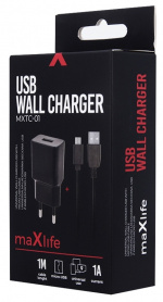 Maxlife Väggladdare MXTC-01 USB (1A) + microUSB-kabel, Svart Maxlife Väggladdare MXTC-01 USB (1A) + microUSB-kabel, Svart