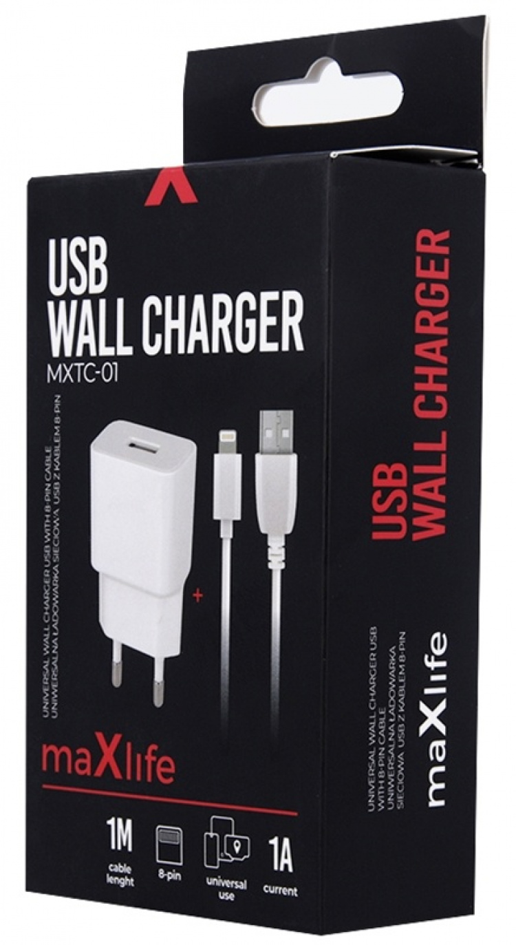 Maxlife Väggladdare MXTC-01 USB (1A) + Lightning-kabel, vit