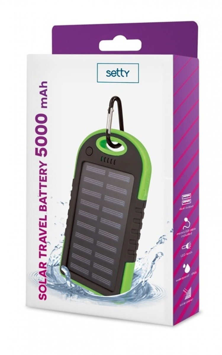 Setty powerbank med solceller, 5000 mAh, Grön