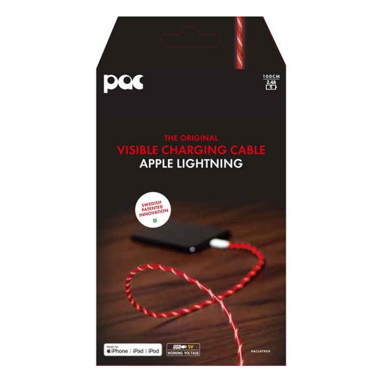 Pac Laddkabel Lightning 1M Röd Led Belyst Kabel
