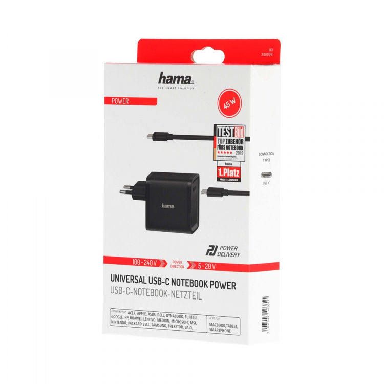 Hama Nätdel Bärbar Dator USB-C 100-240V 5-20V/45W